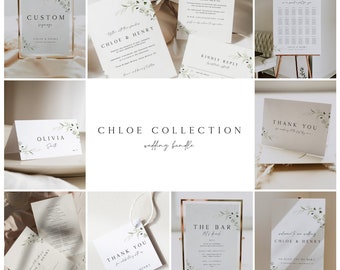 Minimal Greenery Wedding Invitation Bundle, Botanical Large Wedding Bundle, Green Leaves Wedding Template Bundle, Foliage Big Invitation Kit