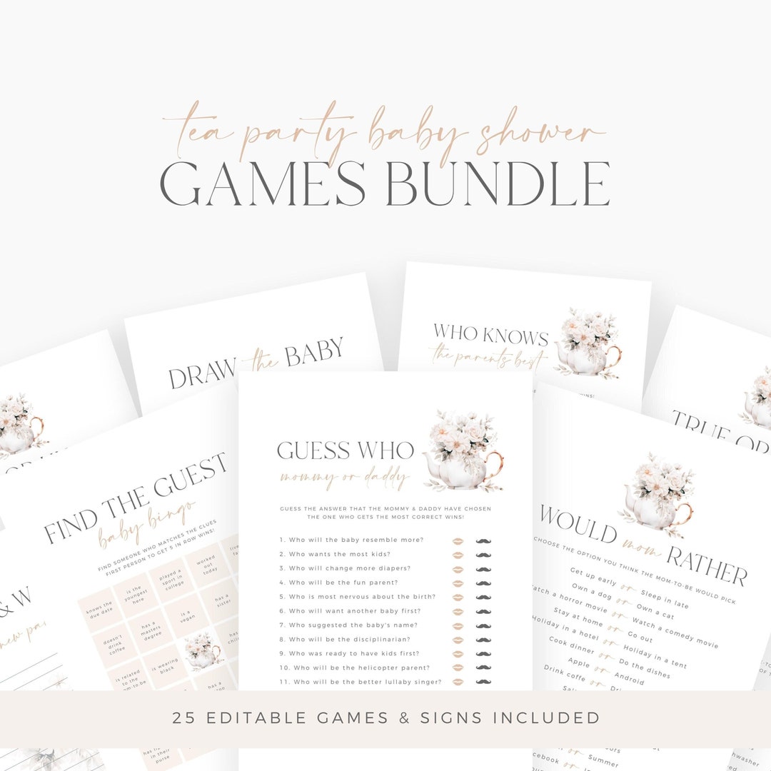 Tea Party Baby Shower Games Bundle, Floral Teapot Baby Shower Party ...