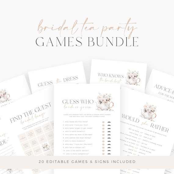 Tea Party Bridal Shower Games Bundle, Floral Bridal Shower Tea Party Games, Printable Shower Games Pack, Editable Bridal Shower Games Bundle