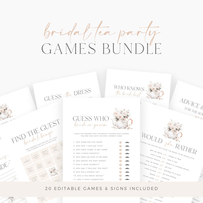 May include: A set of printable bridal shower games with a tea party theme. The games include "Find the Guest", "Guess Who", "Who Knows the Bride Best", "Would You Rather", and "Guess the Dress". The games feature a watercolor illustration of a teapot with flowers.