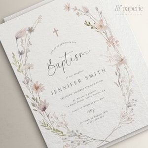 May include: A watercolor floral wreath with a cross at the top surrounds the text "Baptism" of our daughter Jennifer Smith. The invitation includes the date, time, and location of the baptism ceremony, followed by details about the reception. RSVP information is included at the bottom.