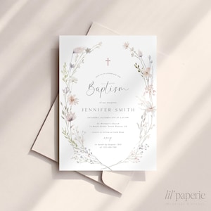 May include: A watercolor floral wreath with a cross in the center surrounds the text "Baptism of our daughter Jennifer Smith". The invitation includes the date, time, and location of the baptism ceremony, followed by the location of the reception. The text "RSVP to Sarah by August 15th at 123-456-789" is included at the bottom of the invitation.