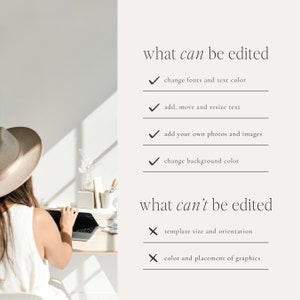 K&ouml;nnte beinhalten: Ein wei&szlig;er Hintergrund mit schwarzem Text, der "what can be edited" lautet und vier H&auml;kchen mit Text auflistet, der beschreibt, was in einer Vorlage bearbeitet werden kann. Der Text lautet "change fonts and text color", "add, move and resize text", "add your own photos and images" und "change background color". Der Text "what can't be edited" ist darunter mit zwei roten Kreuzen und Text aufgelistet, der "template size and orientation" und "color and placement of graphics" lautet.