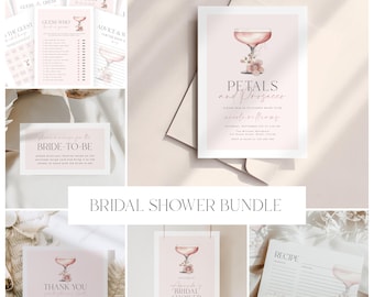 May include: A collection of bridal shower stationery, including invitations, recipe cards, and games. The invitation features the text "Petals and Prosecco" with floral and champagne glass illustrations. Other cards include "Thank You" and "Bride-to-be".