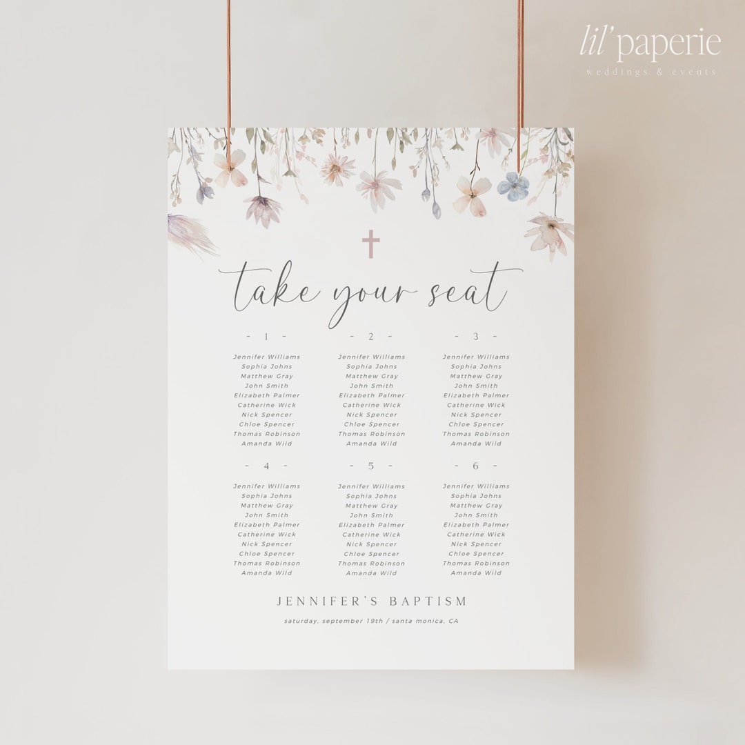 Wildflower Baptism Seating Chart Template, Printable Floral Baptism ...
