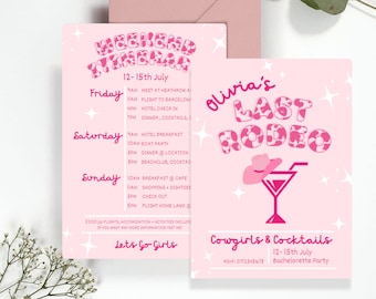 Letzte Rodeo Junggesellinnenabschied Einladung + Reiseplan, Personalisierte Cowgirl Bachelorette Thema Digital Invite & Reiseplan Druckbare Bearbeitbare Vorlage