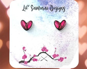 Pink heart stud earrings, stainless steel posts.