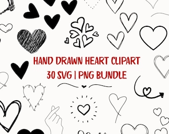 30 Hand Drawn Heart Clipart, SVG PNG Bundle (Digital Download)