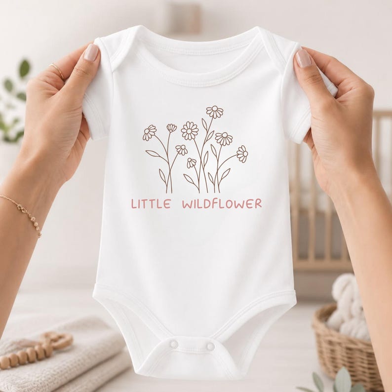 May include: A white short-sleeved baby bodysuit featuring a brown line-art illustration of a cluster of wildflowers and the text "LITTLE WILDFLOWER" printed in a soft pink color across the center of the chest area.