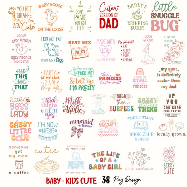 Baby PNG Sublimation Design Bundle, Kids Shirt Png Bundle, Newborn Baby Shower Clipart, Baby Boy Girl Onesie T-Shirt