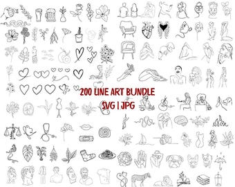 200 Line Art SVG Bundle, Floral, Heart, Modern (Digital Download)
