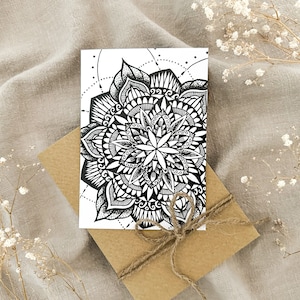 Karte, Grußkarte, Postkarte, Papier, Mandala, rund, fineliner, Schwarz-Weiß, geometrisch, handmade, handgemacht, gezeichnet,