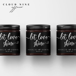 HARPER Black Let Love Shine Candle Label Templates | Upominki ślubne DIY | Edytowalny szablon Canva | Natychmiastowe pobranie cyfrowe | Materiały do wydruku