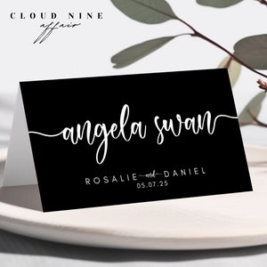 HARPER Black Wedding Place Name Card Templates | Folded Tented & Flat | Canva Editable Template | Instant Digital Download | Wedding Signs