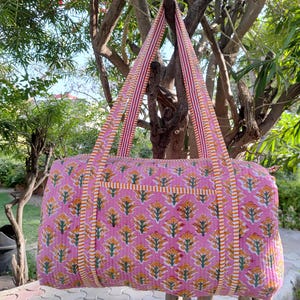Beautiful Block Print Cotton Quilted Duffle Bag Decorative Weekender Bags, Large Handmade Floral Print Travel Overnight Bags For Women Gifts