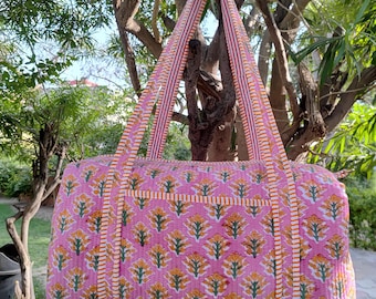 Beautiful Block Print Cotton Quilted Duffle Bag Decorative Weekender Bags, Large Handmade Floral Print Travel Overnight Bags For Women Gifts