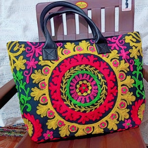 Black Color Handmade Suzani Bag ,Beautiful Shoulder Bag, Women Cotton Shopping Purse,Induan Hand Embroidered Bag,Decorative Boho Bag