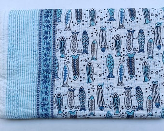 Beautiful Fish Print Kantha Quilt Reversible Block Print Bed Cover Throw Bedding Coverlet Queen Size Vintage Cotton Gudri