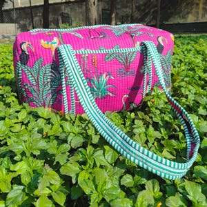 Indian Bird Print Quilted Duffle Bags,Beautiful Block Print Cotton Quilted Bag, Pink Color Weekender Bags,Handmade Travel Overnight Bags