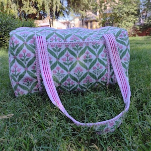 Large Size Beautiful Block Print Quilted Duffle Bag Handmade Cotton Weekender Shoulder Bags, Decorative Floral Print Travel Overnight Bags