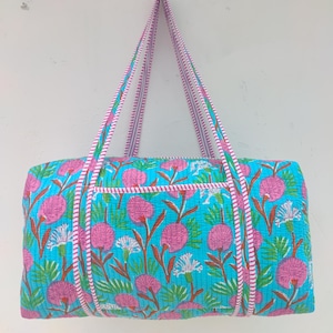 Handmade Block Print Cotton Quilted Duffle Bag, Large Size Decorative Floral Print Weekender Bags,Indian Travel Overnight Bags Gifts For Her