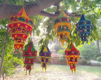 Indian Wedding Decor Elephant Embroidered Lanterns Decorative Cotton Fabric Lampshade Beautiful Garden Chandeliers Collapsible Tent Hanging