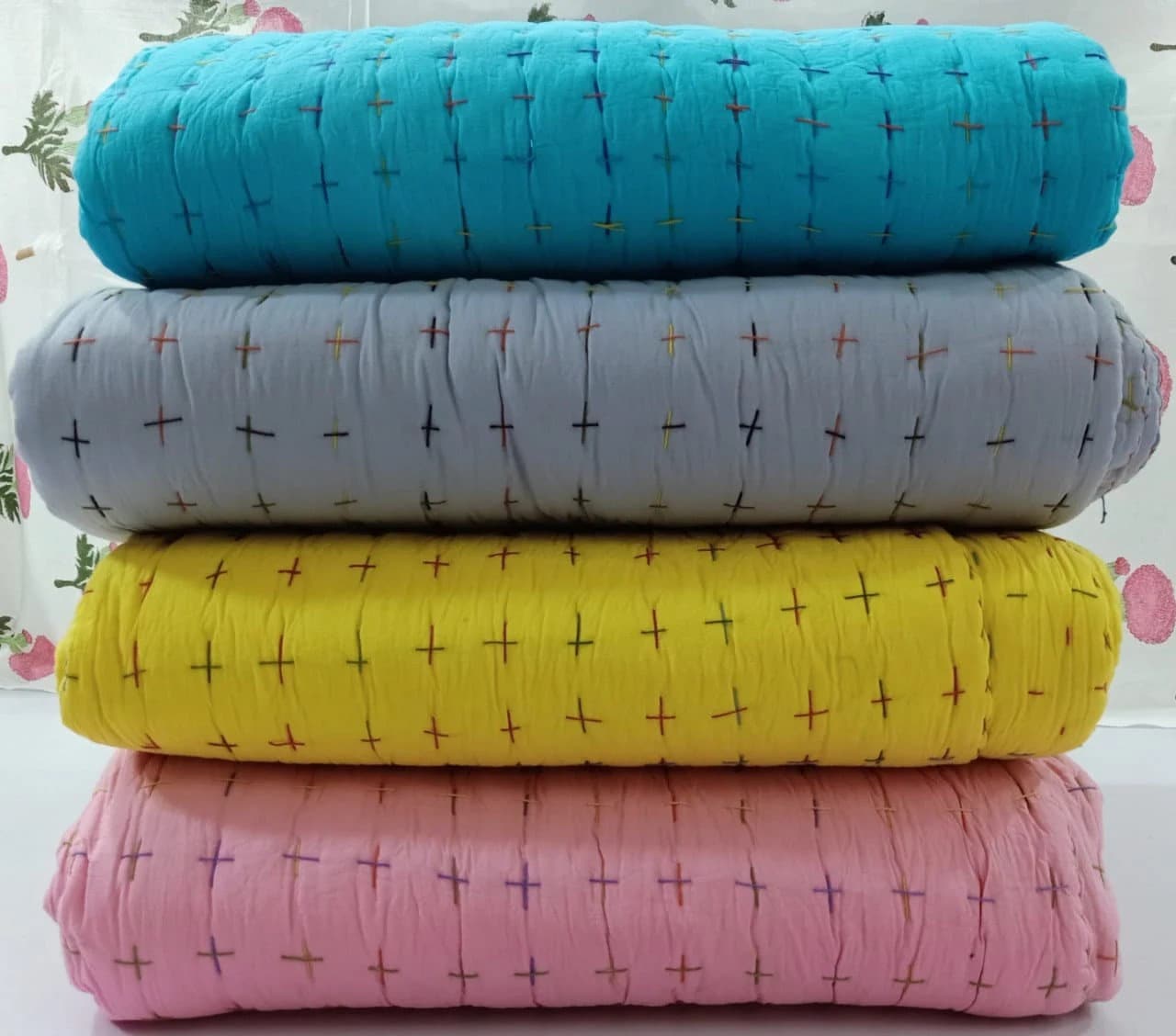 Solid Color Handmade Cotton Kantha Quilt,Indian Jaipuri Cotton Quilt,Reversible Bedding Quilt,Throw Summer Blanket