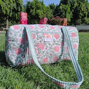 Large Size Beautiful Block Print Cotton Quilted Duffle Bag,Decoratulive Weekender Bags,Indian Handmade Floral Print Travel Overnight Bags