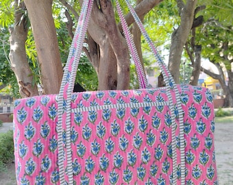 Bolsa de viaje acolchada de algodón con estampado de bloques en color rosa, estilo Decoratulive. Bolsa de fin de semana grande, hecha a mano con estampado floral.