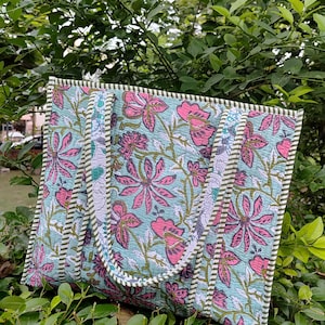 Indian Hand Block Print Quilted Tote Bags Beautiful Floral Print Shoulder Bag ,Boho Weekender Bags Handmade Cotton luggage Travel Tote Bag