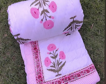 Pink Color Indian Hand Block Print Kantha Quilt Throw Reversible Cotton Filling Razai Beautiful Floral Print Jaipuri Quilt ,Bedding Coverlet