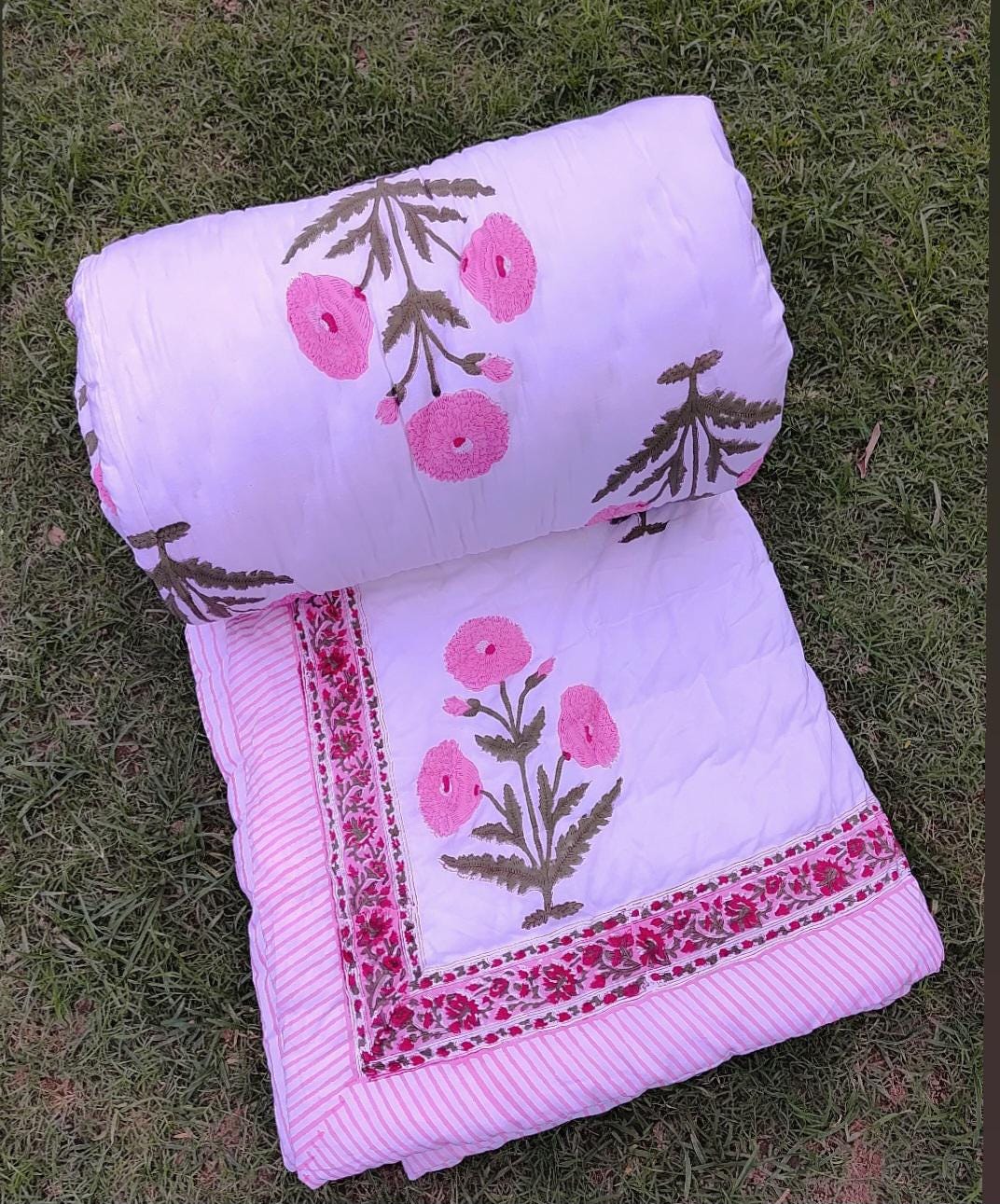 Pink Color Indian Hand Block Print Kantha Quilt Throw Reversible Cotton Filling Razai Beautiful Floral Print Jaipuri Quilt ,Bedding Coverlet