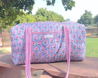 Indian Beautiful Block Print Cotton Quilted Duffle Bag,Decoratulive Weekender Bags,Large Size Handmade Floral Print Travel Overnight Bags