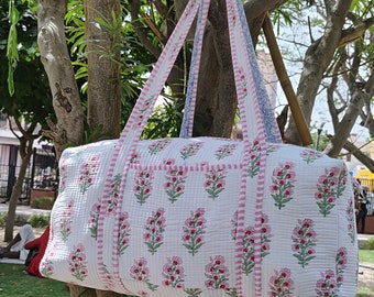 Indian Cotton Duffle Bags,Beautiful Block Print Quilted Bag,Weekender Bags,Handmade Colorful Travel Overnight Bags For Women Holiday Gifts
