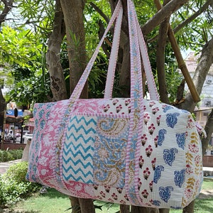 Large Handmade Duffel Bags Beautiful Block Print Quilted Bag Weekender Bags Indian Floral Print Travel Overnight Bag Women Holiday Bag