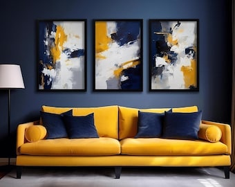 Navy Blue, Mustard Yellow, White and Grey Abstract Wall Art - Modern, Contemporary, Home Decor, Print, Poster, Printable, Instant Download