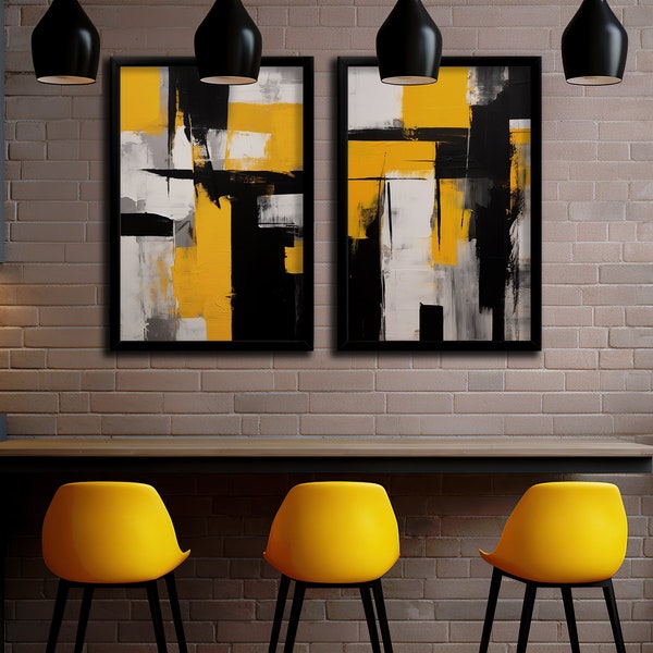 Bright Yellow, Black and White Abstract Wall Art - Modern, Contemporary, Home Decor, Print, Poster, Printable, Instant Download