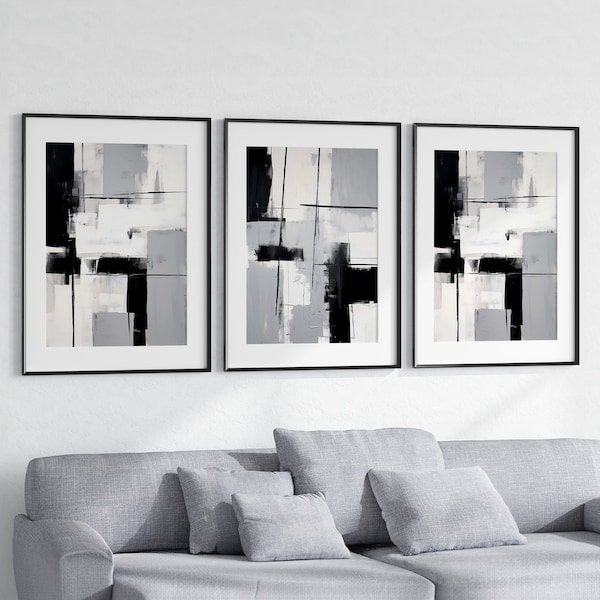 Grey, Black and White Abstract Wall Art - Set of 3 - Modern, Contemporary, Home Decor, Print, Printable, Instant Download