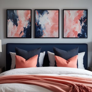 Coral, Navy & White Abstract Wall Art - Set of 4 - Modern, Contemporary, Home Decor, Print, Poster, Printable, Instant Download, Digital