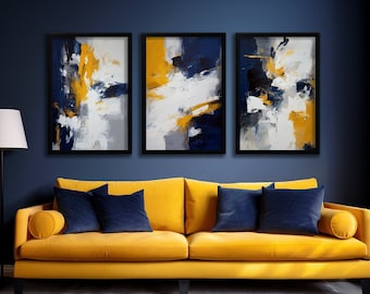 Navy Blue, Mustard Yellow, White and Grey Abstract Wall Art - Modern, Contemporary, Home Decor, Print, Poster, Printable, Instant Download