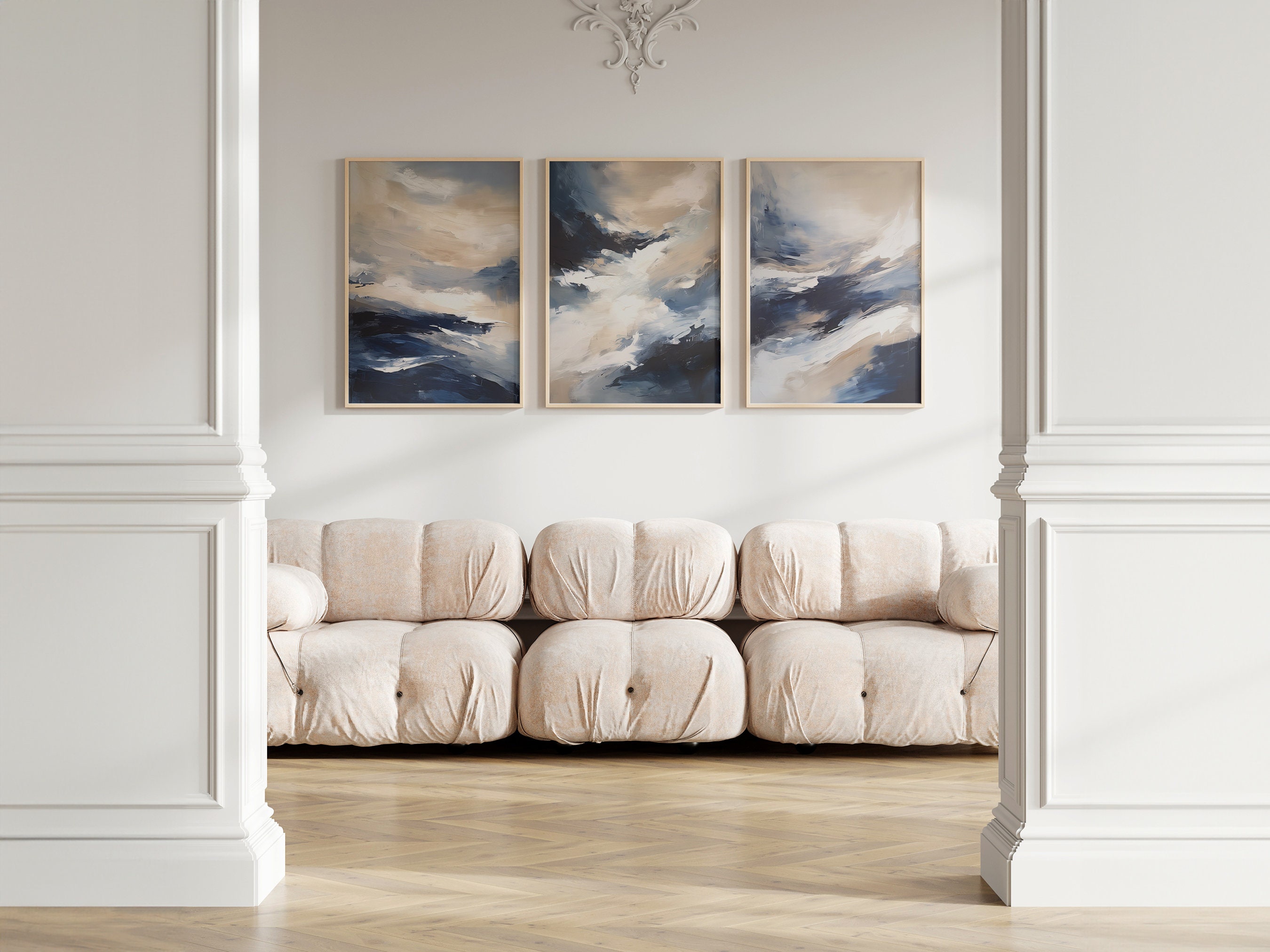 Navy Blue, Beige and White Abstract Wall Art - Set of 3 - Modern ...