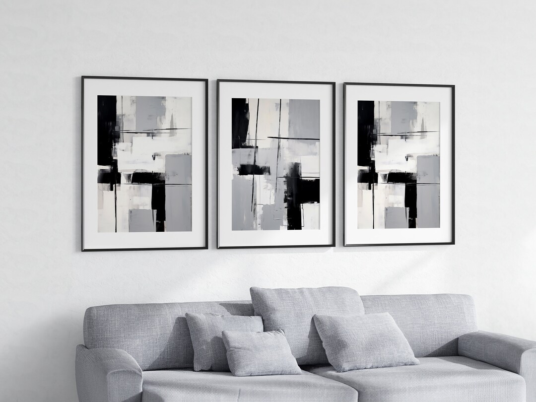 Grey, Black and White Abstract Wall Art - Set of 3 - Modern ...