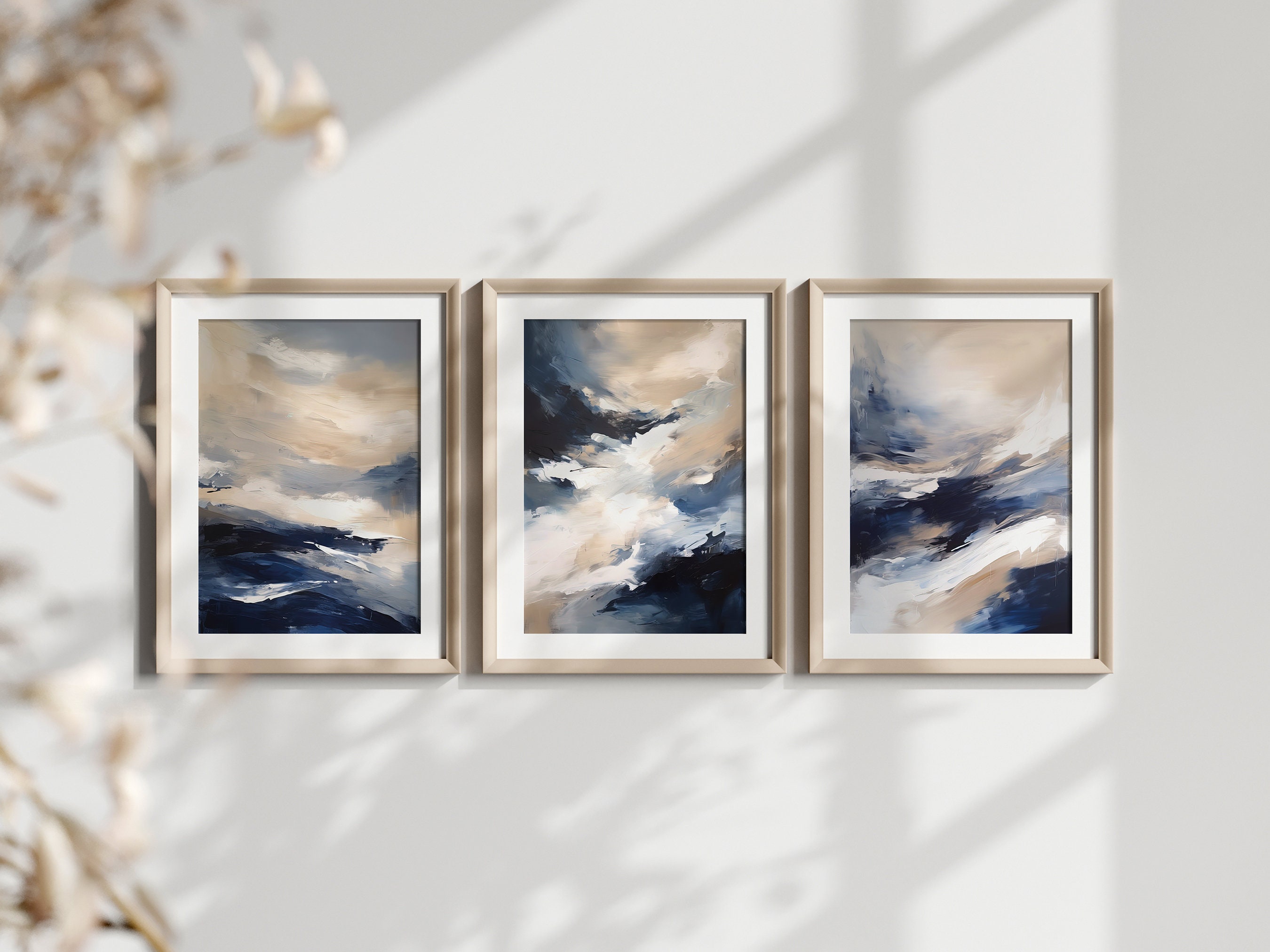 Navy Blue, Beige and White Abstract Wall Art - Set of 3 - Modern ...