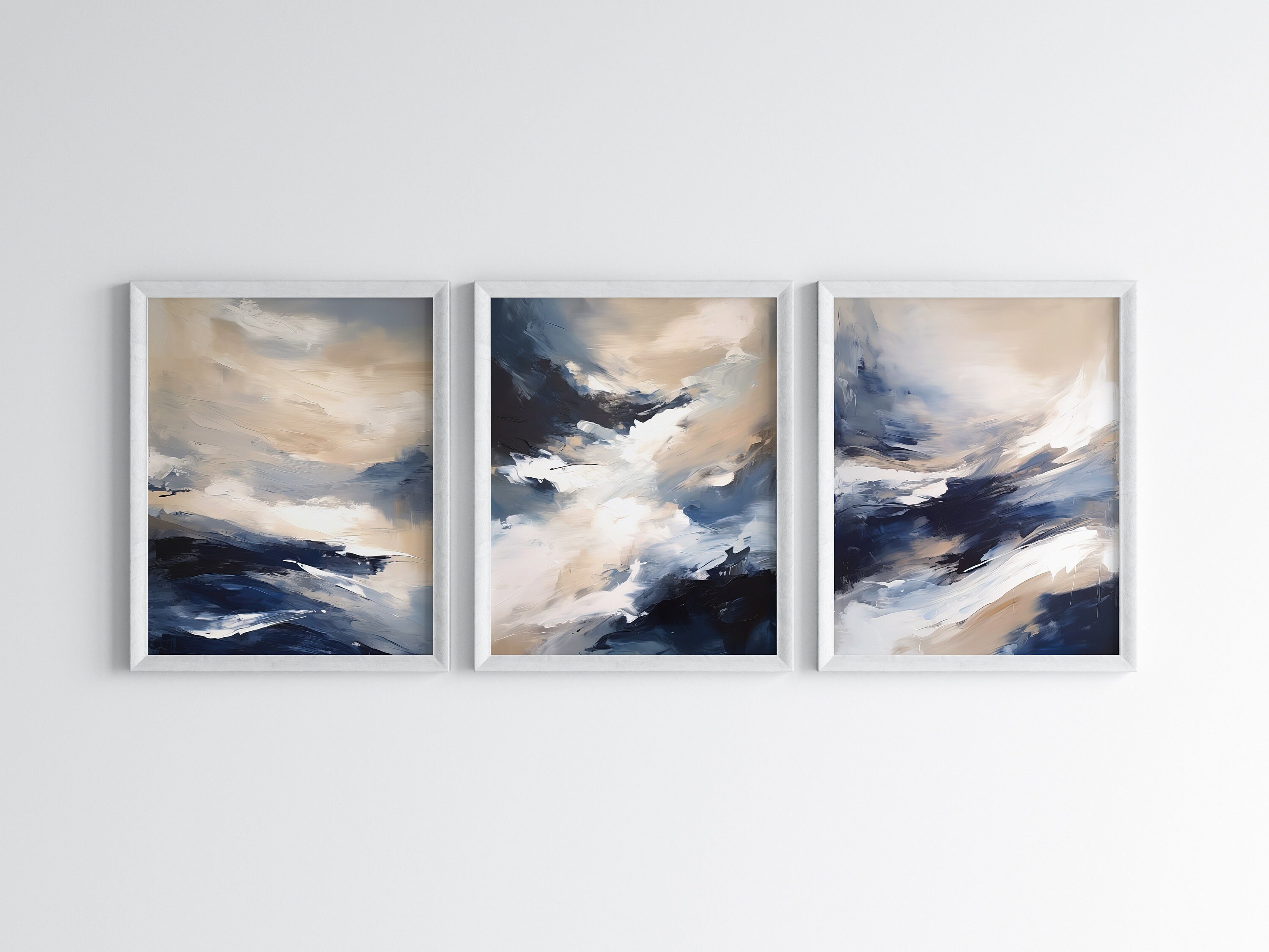 Navy Blue, Beige and White Abstract Wall Art - Set of 3 - Modern ...