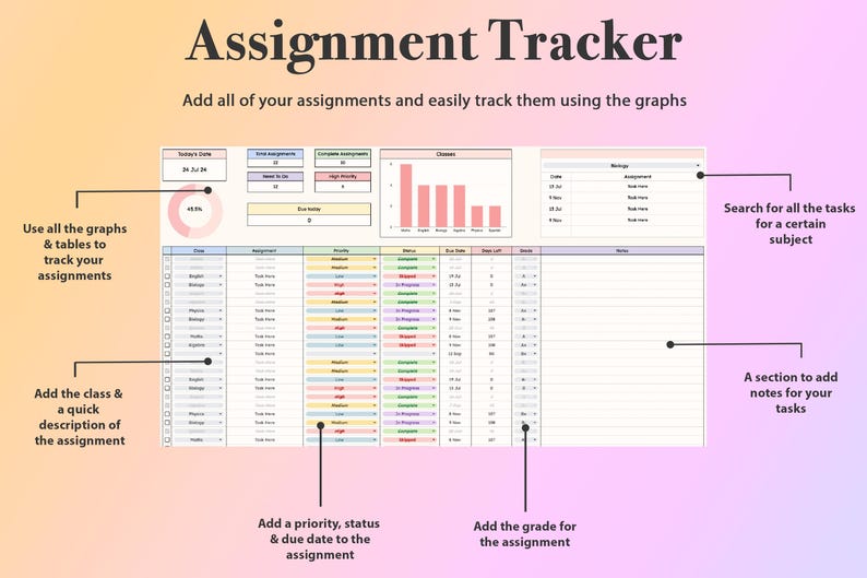 Assignment Tracker Google Sheets Academic Student Planner Spreadsheet ...