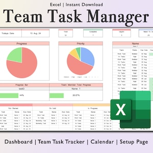 Team Task Tracker Spreadsheet Excel To Do List Planner, Manager Spreadsheet, Task List, Excel Task management, Team Task Manager Dashboard