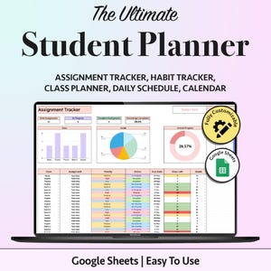 Student Planner Spreadsheet Academic Planner Spreadsheet, Assignment Tracker, High school and college Planner, Student planner 2025-2026