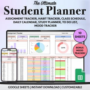 Student Planner Spreadsheet Study Planner spreadsheet Google sheets Assignment Tracker University planner College Tracker Spreadsheet