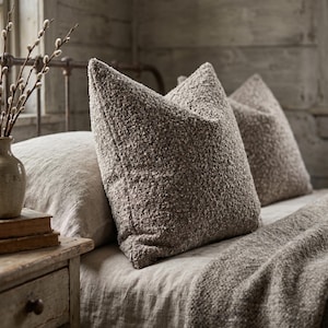 May include: Two textured, brown throw pillows with a pointed top rest on a bed with a matching blanket. A light-coloured pillow and a stack of books sit on a wooden bedside table. A vase with branches is on the bedside table.