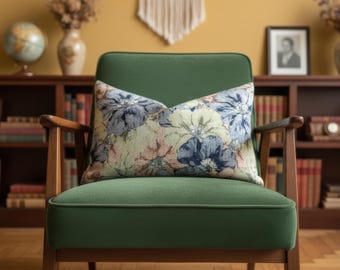 Blue and Green Floral Tapestry Throw Pillow Cover, Pastel Color Vintage Flower Cushion, Decorative Home Decor Pillow Sham or Lumbar